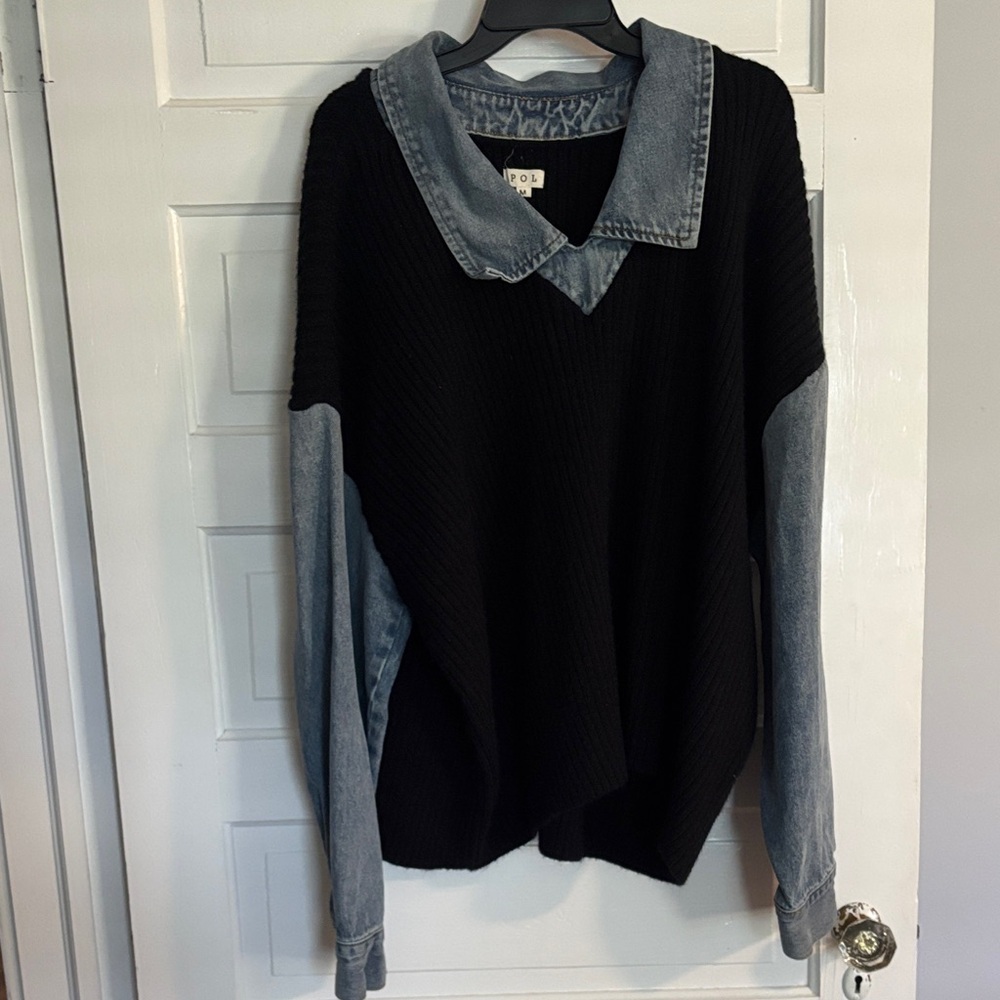 POL Black and Denim V-Neck Sweater